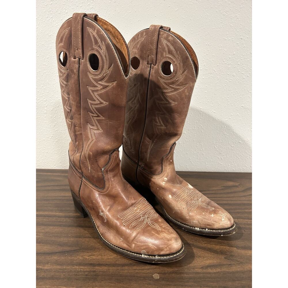 Vtg 80s Acme Cowboy Boots Mens 9.5 Brown Leather Campus Pull On Cut Out PointToe